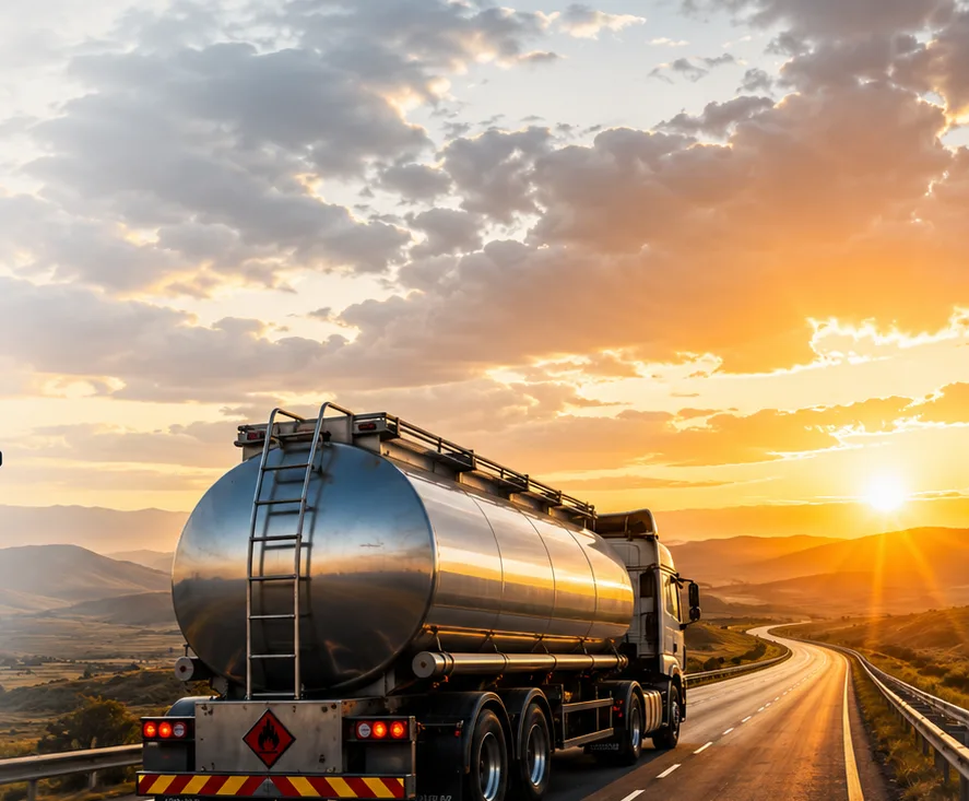 S&S Global road tanker climbing a regional route at sunrise