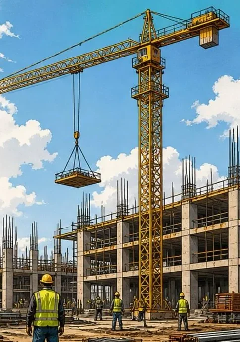Tower crane and workers on a building site