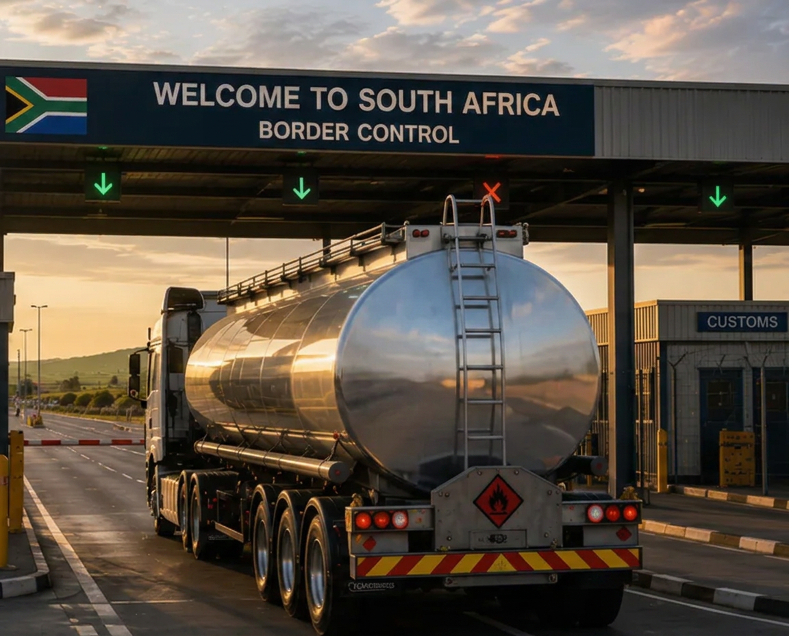 Road tankers clearing a border post at sunset