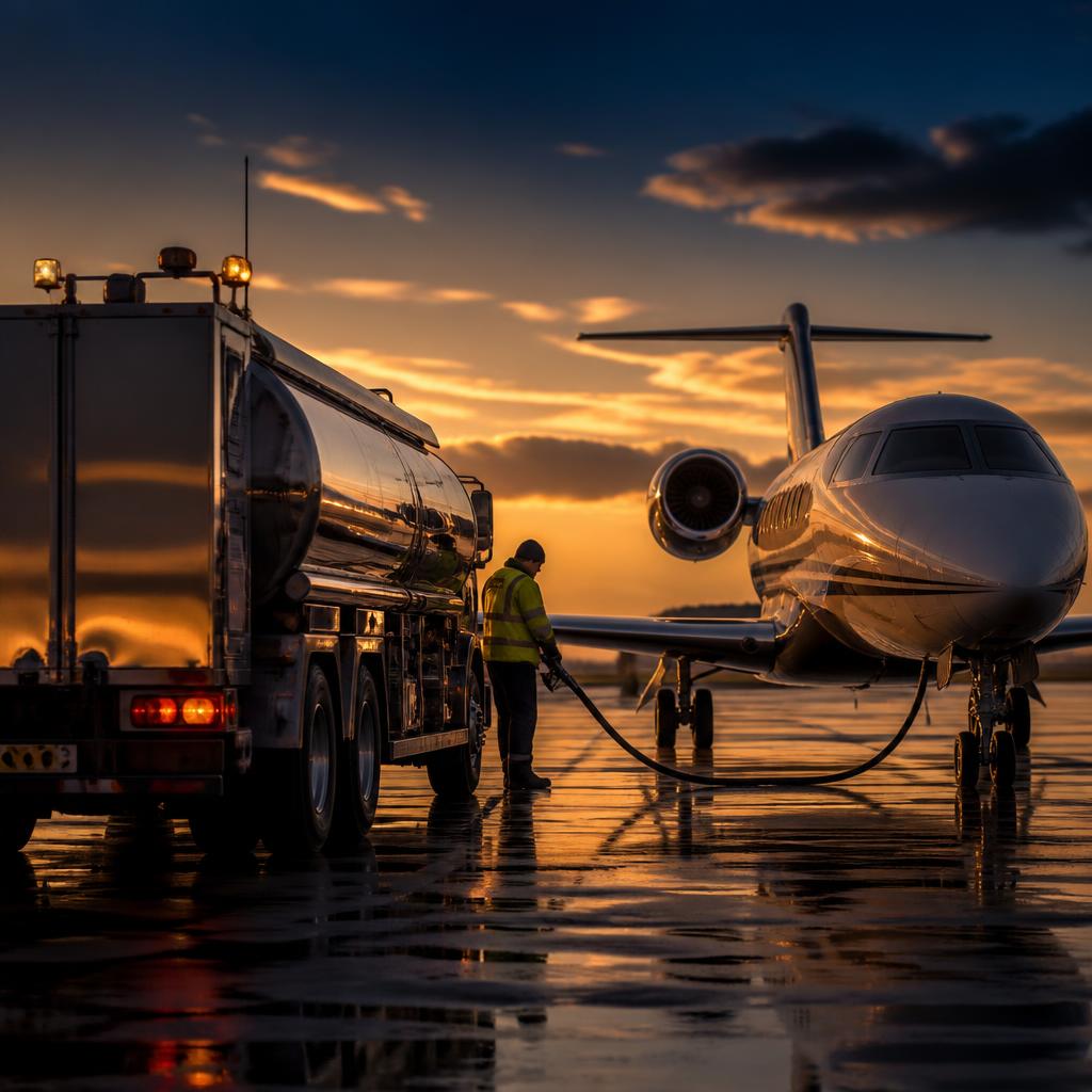 Fuel bowser refuelling a business jet on an airport apron at golden hour